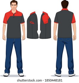 man polo t-shirt red, gray and jeans pants blue