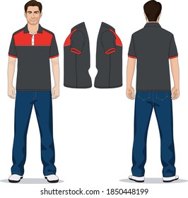 camiseta de polo de hombre rojo, gris y pantalones vaqueros azul