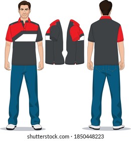 Herrenpolo-T-Shirt, rot, grau und Jeanhosen blau