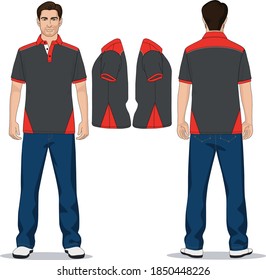 man polo t-shirt red, gray and jeans pants blue