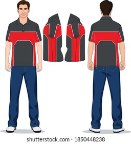 man polo t-shirt red, gray and jeans pants blue