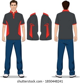 Herrenpolo-T-Shirt, rot, grau und Jeanhosen blau