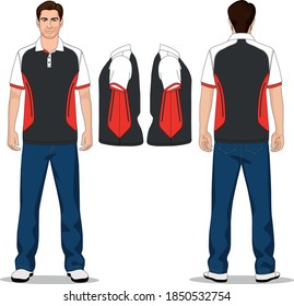 Herrenpolo-T-Shirt, rot, grau und Jeanhosen blau