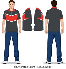 camiseta de polo de hombre rojo, gris y pantalones vaqueros azul