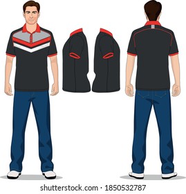 Herrenpolo-T-Shirt, rot, grau und Jeanhosen blau