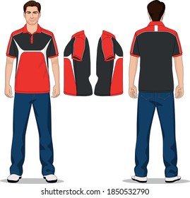 man polo t-shirt red, gray and jeans pants blue