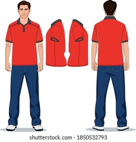 man polo t-shirt red, gray and jeans pants blue
