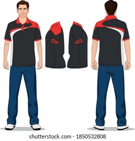 man polo t-shirt red, gray and jeans pants blue