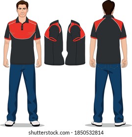 man polo t-shirt red, gray and jeans pants blue