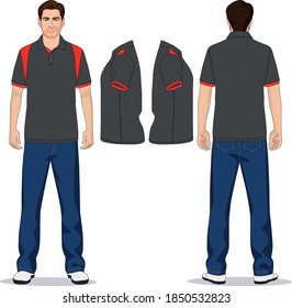 camiseta de polo de hombre rojo, gris y pantalones vaqueros azul