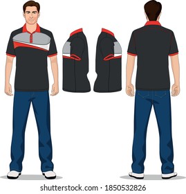 camiseta de polo de hombre rojo, gris y pantalones vaqueros azul