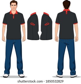 man polo t-shirt red, gray and jeans pants blue