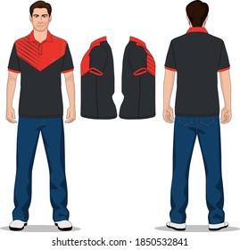 man polo t-shirt red, gray and jeans pants blue