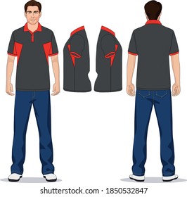 man polo t-shirt red, gray and jeans pants blue