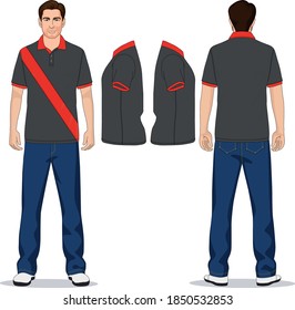 man polo t-shirt red, gray and jeans pants blue