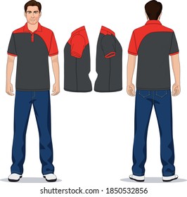 man polo t-shirt red, gray and jeans pants blue