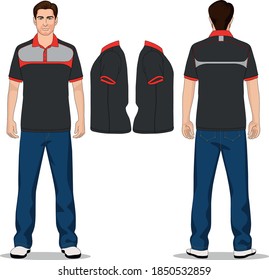 camiseta de polo de hombre rojo, gris y pantalones vaqueros azul