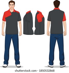 man polo t-shirt red, gray and jeans pants blue