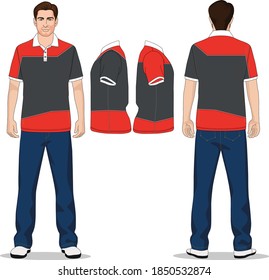 man polo t-shirt red, gray and jeans pants blue