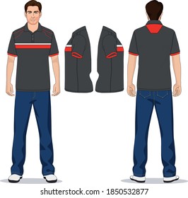 camiseta de polo de hombre rojo, gris y pantalones vaqueros azul