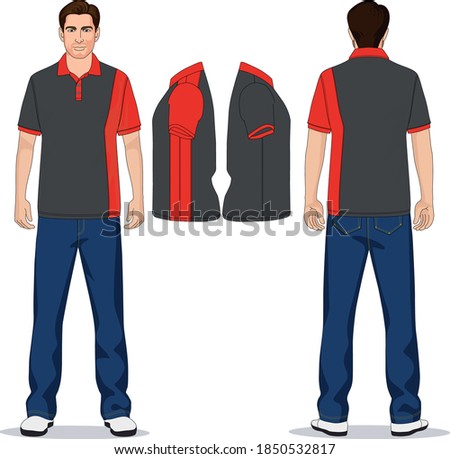 man polo t-shirt red, gray and jeans pants blue