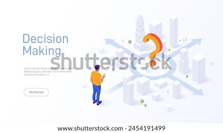 Man pondering choices at a question mark crossroad with multiple arrows. GPS navigation. Concept of decision making. Vector isometric illustration. Business concept.