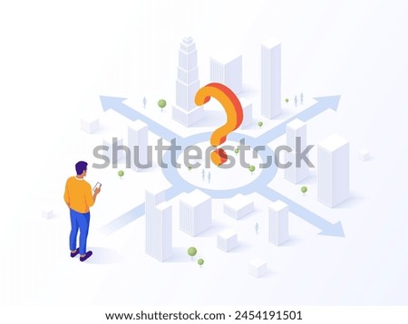 Man pondering choices at a question mark crossroad with multiple arrows. GPS navigation. Concept of decision making. Vector isometric illustration. Business concept.