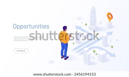 Man pondering choices at a question mark crossroad with multiple arrows. GPS navigation. Concept of decision making. Vector isometric illustration. Business concept.