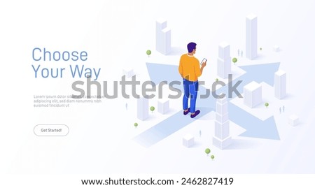 Man pondering choices at a question mark crossroad with multiple arrows. GPS navigation. Concept of decision making. Vector isometric illustration. Business concept.