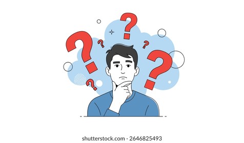 Um Homem Ponderando Questões Difíceis Cercadas por Símbolos de Incerteza e Confusão Representando Problemas Complexos e Processos de Pensamento Profundo