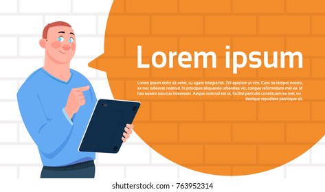 Man Pondering Point Finger To Big Chat Bubble With Copy Space White Brick Wall Background Flat Vector Illustration