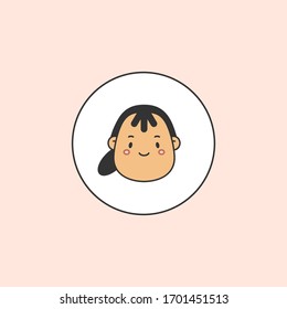 Man with pony tail. Round sticker. Stylish Haircut. Minimalistic Icon. Colorful Outline Vector illustration. Head with wide chin. Isolated on pink. Cartoon Asian style. Simple cute design. 