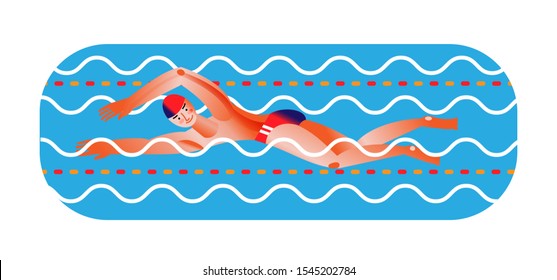 Man in pool flat vector illustration. Young athlete swimming isolated on white background. Sportsman on triathlon competition cartoon character. Healthy lifestyle and wellness concept