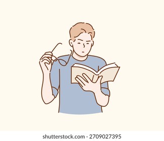 Man with poor eyesight reading book. Original vector illustration drawn by hand.