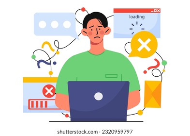 Man with poor internet concept. Young guy sits with sad face and tries to open web page. Bad wireless connection and wifi. Tired worker or student. Cartoon flat vector illustration