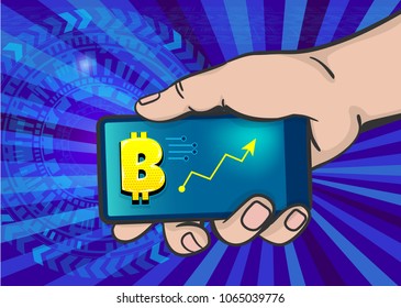 Man pop art hand hold phone bitcoin. Global business diagram concept vector illustration. Comic text pop art halftone background. Touch screen businessman's smartphone.