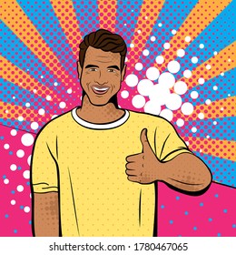 Hombre al estilo del arte pop. Fondo vectorial en el arte pop retro de estilo cómico. Ilustración para publicidad impresa y web. 