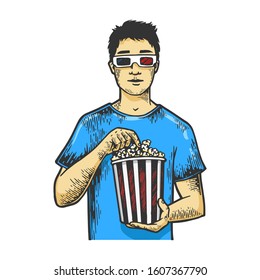 Man with pop corn in anaglyph glasses sketch vintage engraving vector illustration. T-shirt apparel print design. Scratch board style imitation. Hand drawn image.