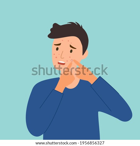 Man pop pimple on face in flat design. Men acne skin problem.