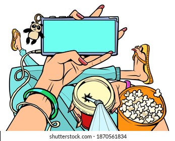 man with popcorn at home watching online movie theater. Home online movie theater, an online TV streaming video service. Comic cartoon retro drawing