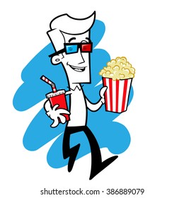 Man with popcorn and soda, he will go to the cinema, he wear a 3d glasses