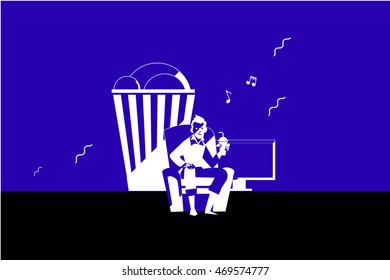 Man With Popcorn Watching Countdown To Movie On Television