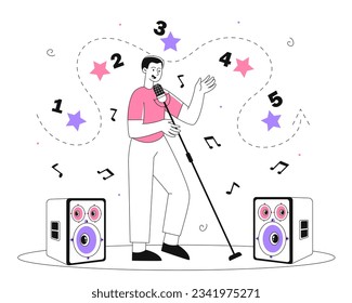 Man with popular music line. Young guy with microphone near speakers. Pop musician and singer performs at scene or stage. Talented artist with notes. Linear flat vector illustration