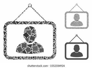 Man portrait composition of uneven items in different sizes and color hues, based on man portrait icon. Vector uneven items are grouped into mosaic. Man portrait icons collage with dotted pattern.