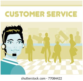Man portrait customer service/tech support and group of customers. operator talking on headset, smiling