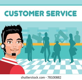 Man portrait customer service/tech support and group of customers. operator talking on headset, smiling