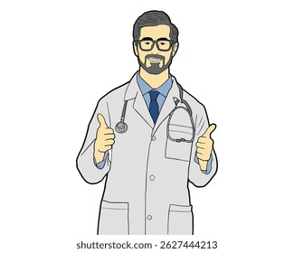Man portrait doctor in white coat and eyeglasses and stethoscope looking into camera shows hands on background on white isolated background