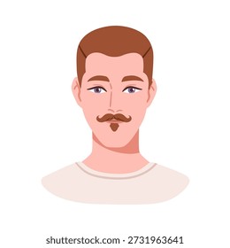 Mann Portrait, Gesicht Avatar. Schöner männlicher Charakter mit Seele Patch Bart, gewellten Lenker Schnurrbart. Moderne gepflegte Person, Benutzerprofil. Flache Vektorgrafik einzeln auf weißem Hintergrund