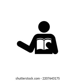 Man portrait holding a book giving a lecture icon. Teacher with book in hand.