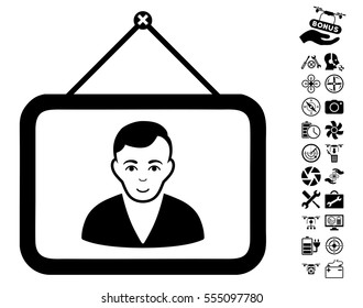 Man Portrait icon with bonus drone service symbols. Vector illustration style is flat iconic black symbols on white background.